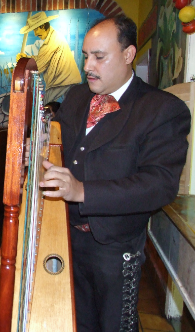 Mariachi performer strumming a harp